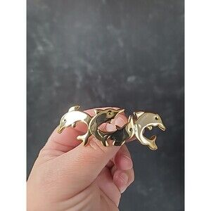 Gold Tone Metal Green Enamel Eyed Dolphins Jumping Shaped Brooch